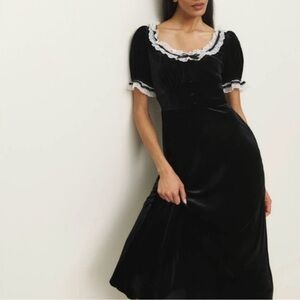 Reformation Black Velvet Midi Dress with White Lace